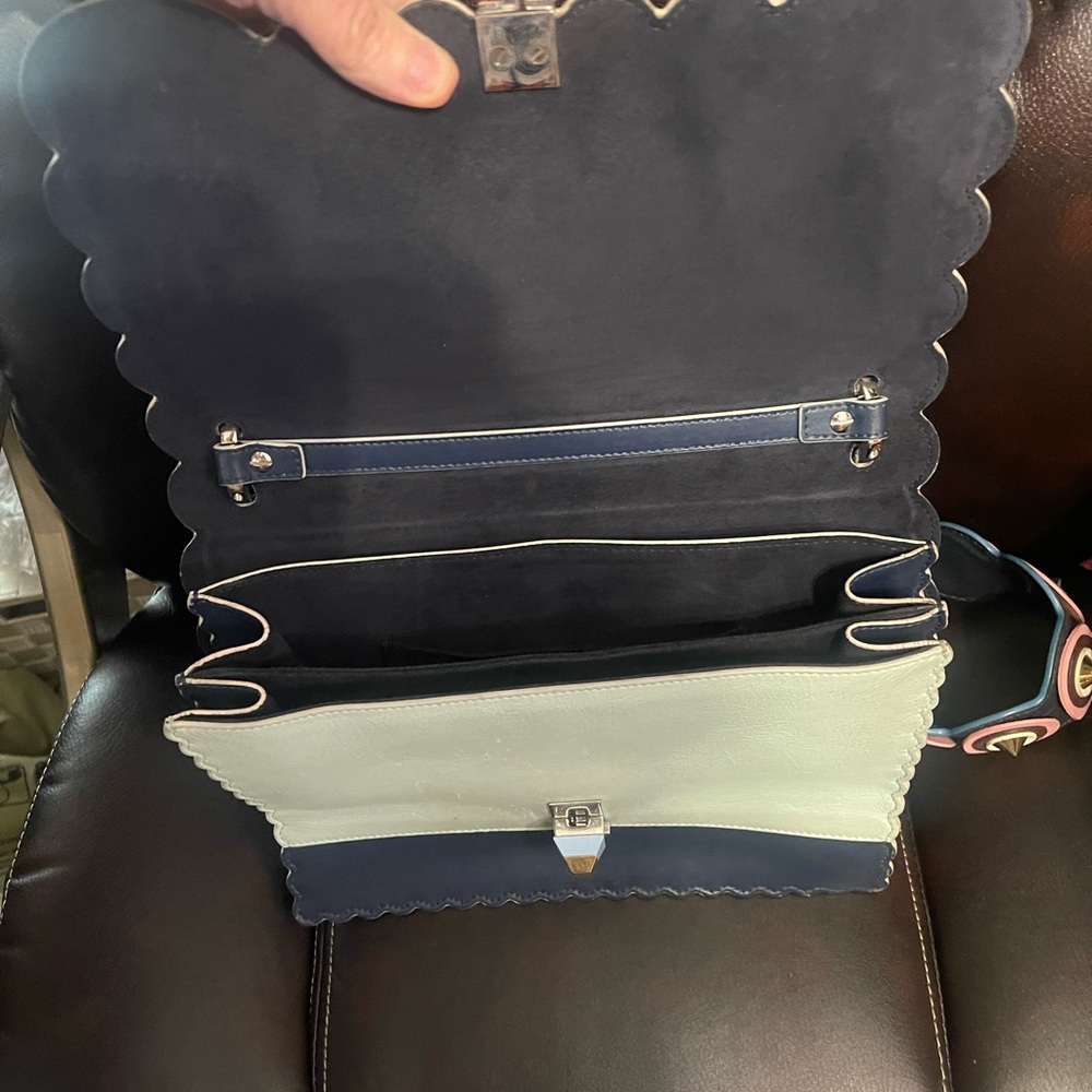 Fendi Kan Navy Blue Scalloped Floral Embellished Shoulder Bag with Pink Accents - Picture 9 of 12